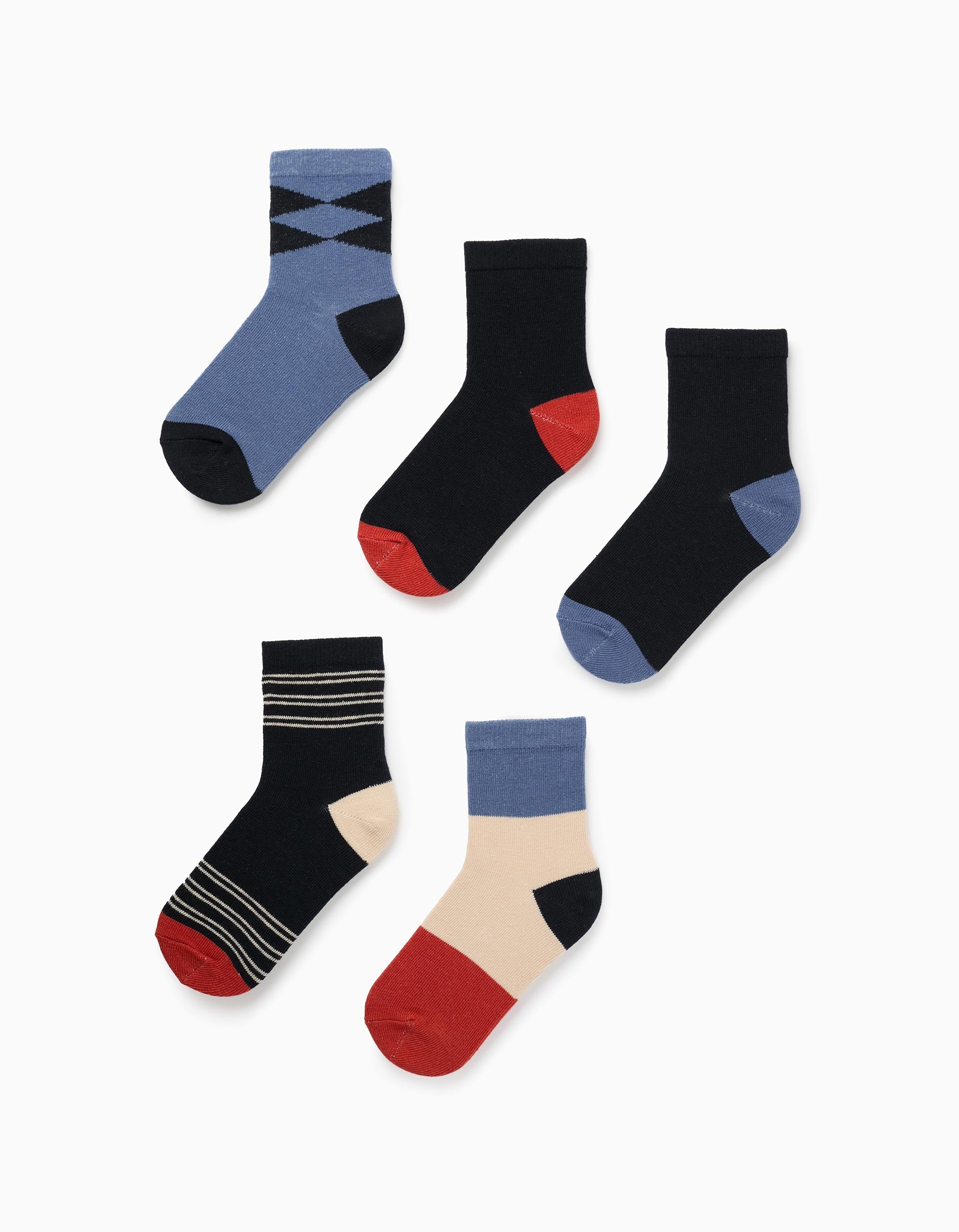 Pack of 5 Pairs of Socks for Boys 'Stripes & Diamonds', Multicolour