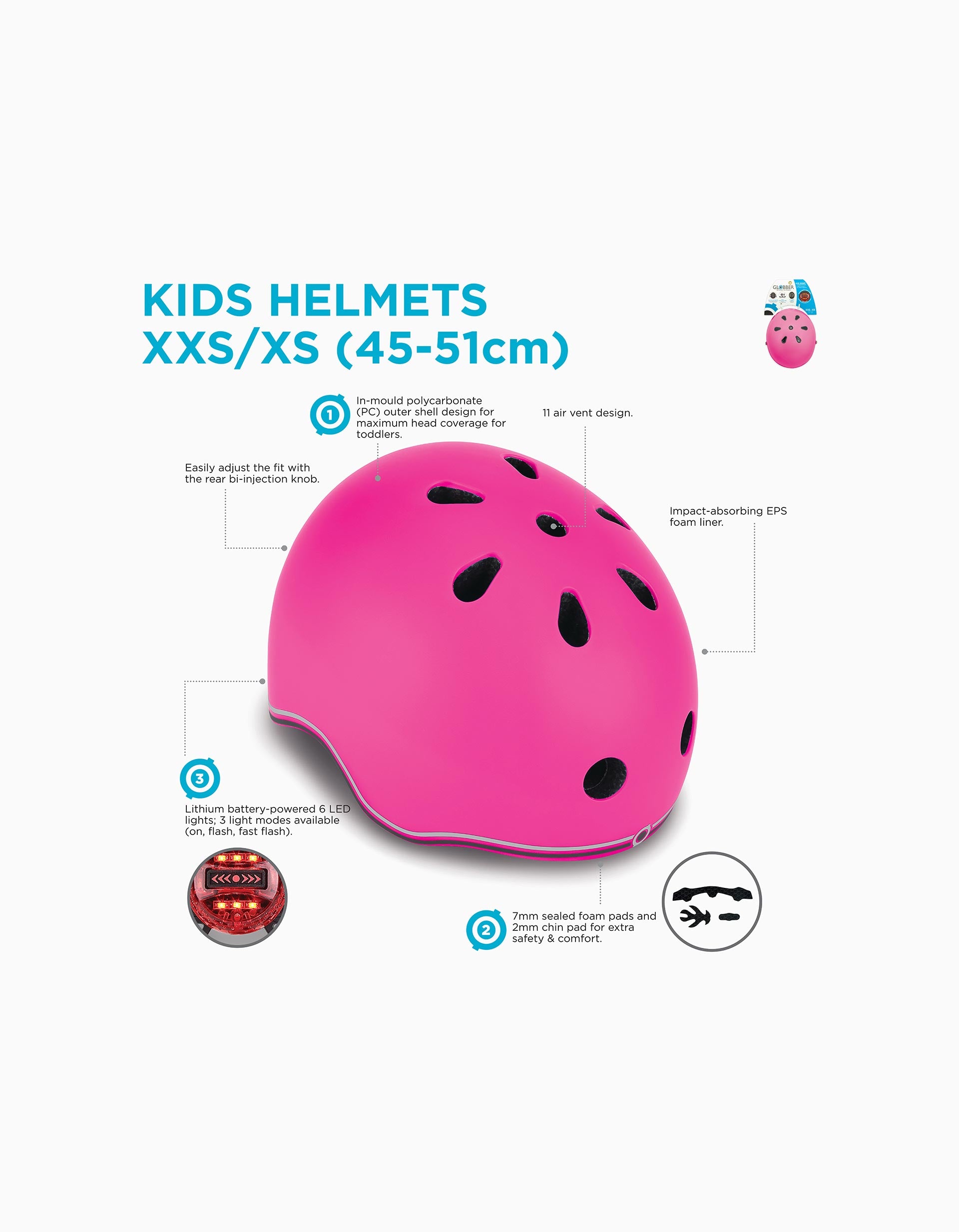 Capacete Globber Primo Lights XS/S 48-53Cm, Deep Pink