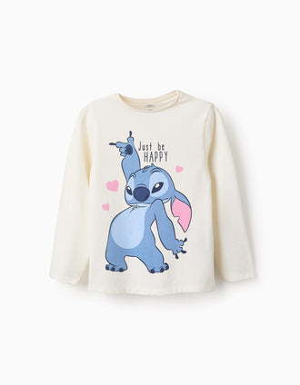 T-shirt de Manga comprida para Menina 'Happy Stitch', Branco
